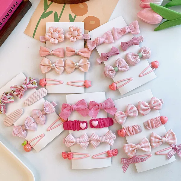 Girls' Pink Bow Hair Accessories Series, Cute Korean Little Princess Heart-Shaped Hair Clips That Don'T Damage Hair, Bangs and Fringe Clips