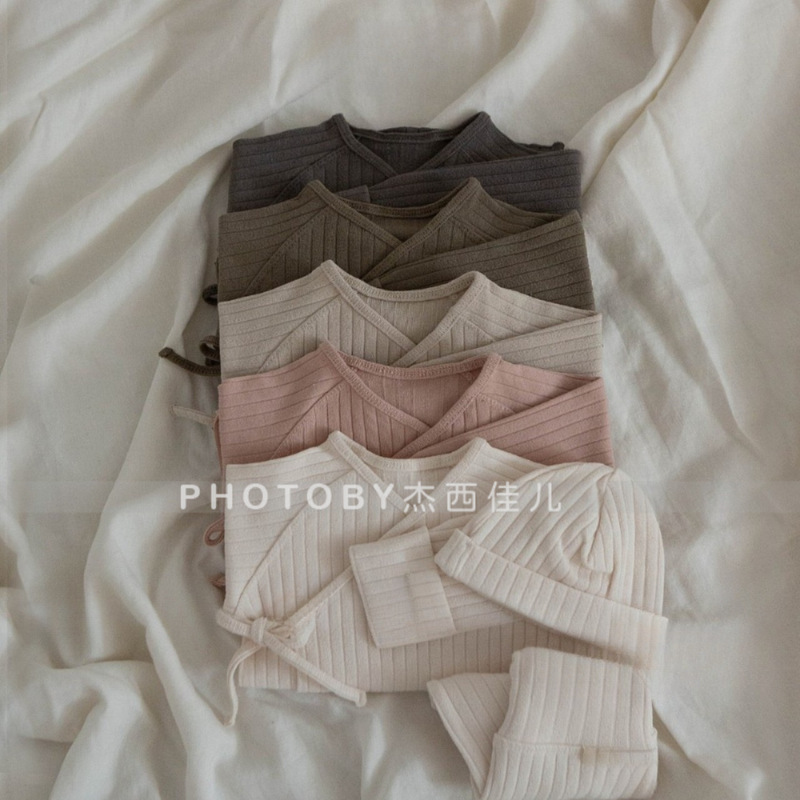 Korean Style Baby Home Clothes for Men and Women Newborn Spring & Fall Cotton Vertical Stripesd Tops High Waist Pants Hooded Suit Three-Piece Set