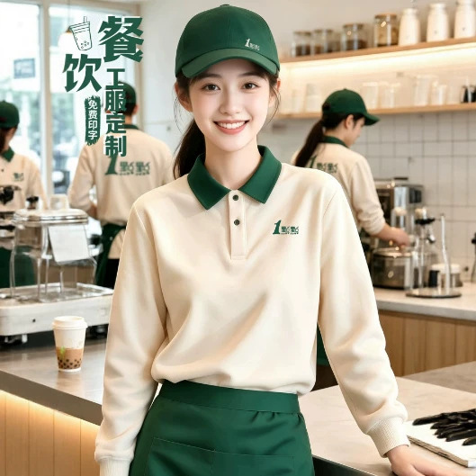 Attractive restaurant waiter workwear with custom printed logo, autumn and winter long-sleeve sweatshirt uniforms for milk tea and coffee shop staff Attractive restaurant waiter workwear with custom printed logo, autumn and winter long-sleeve sweatshirt uniforms for milk tea and coffee shop staff
