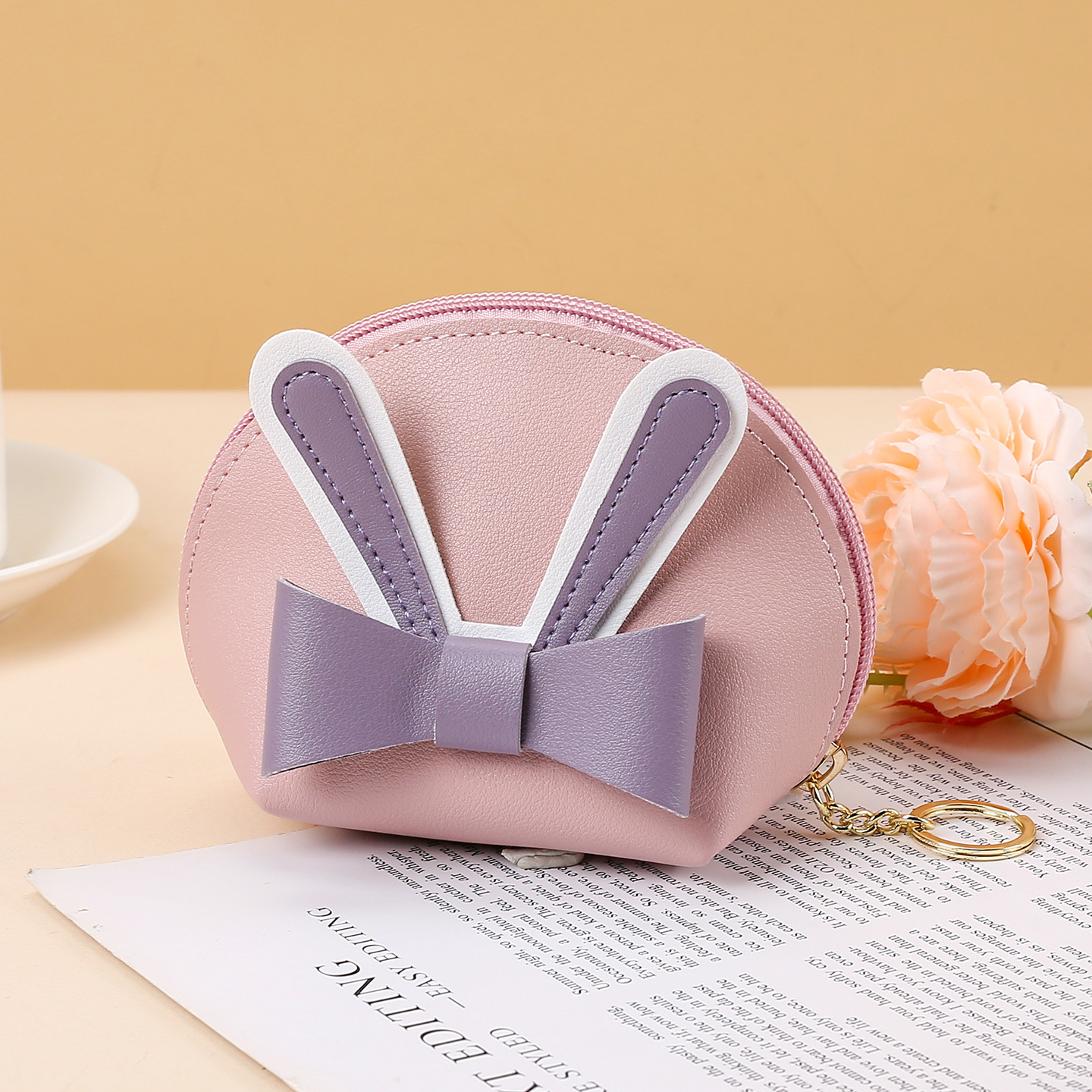 Botón de arco PU piel mini billetera nuevo lindo bolso de monedas de estudiantes llaveras con cremallera pequeña bolsa de cambio