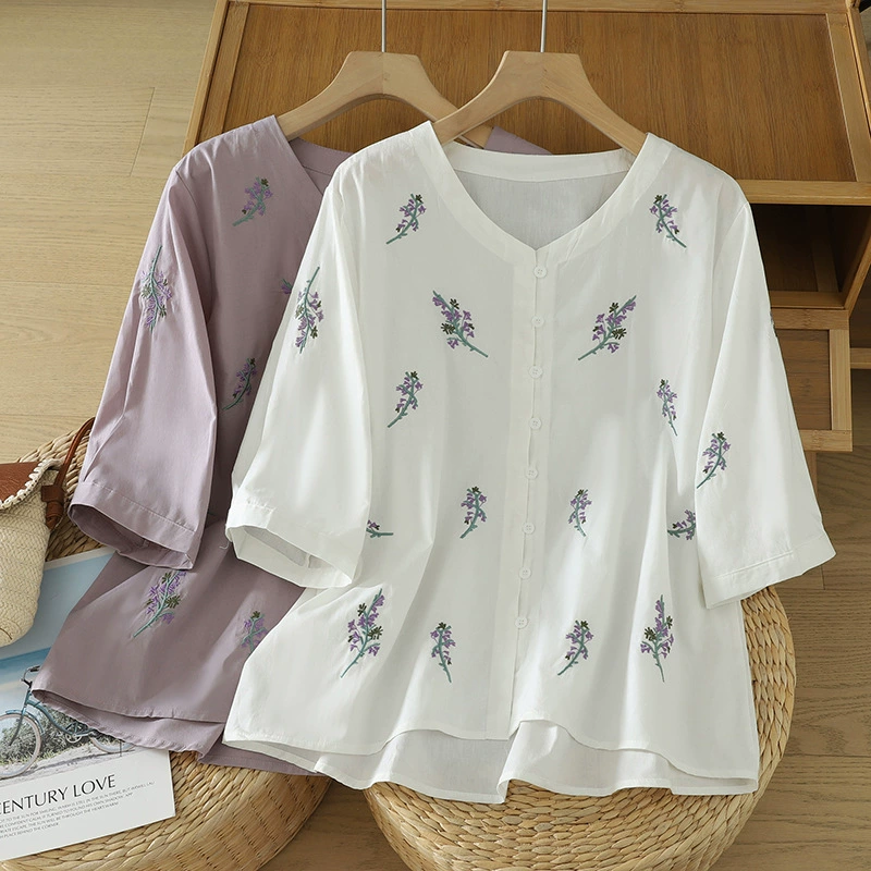 Подлинная хлопчатобумажная рубашка женская пятицентная рукавная летняя V-образная отделка новый китайский вышивка кардиган свободная универсальная рубашка