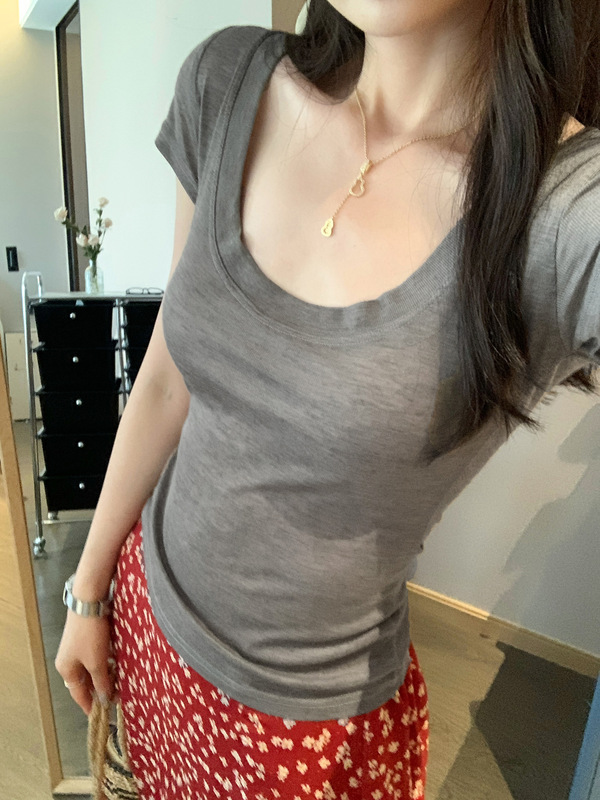 薄手の微透けラウンドネックウエスト半袖Tシャツ2025春夏新デザインスリムフィットトップ女性用|undefined