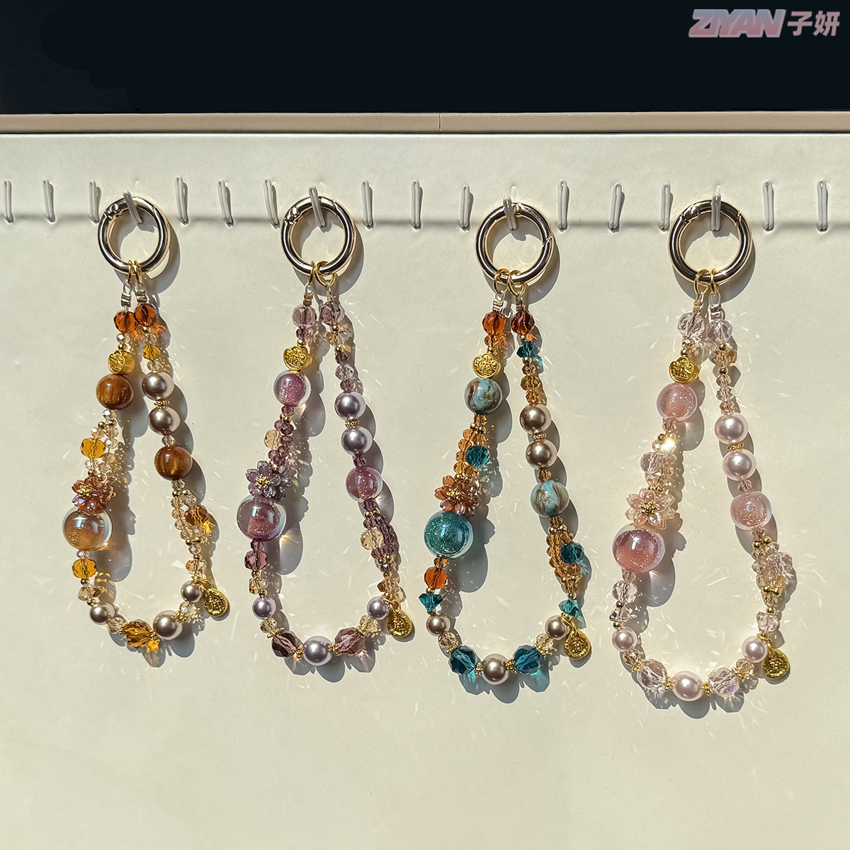 Light Luxury Maillard Color Design Bag Pendant Alloy Handmade Beaded Retro Old Money Feng Shui Crystal Mobile Phone Chain