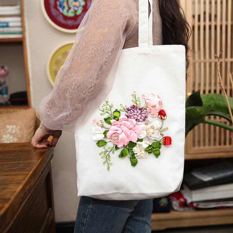 Hecho a mano DIY cinta bordada bolsa de lona Lu bordado solo hombro bolso tridimensional bordado flor lienzo mujer bolsa grande