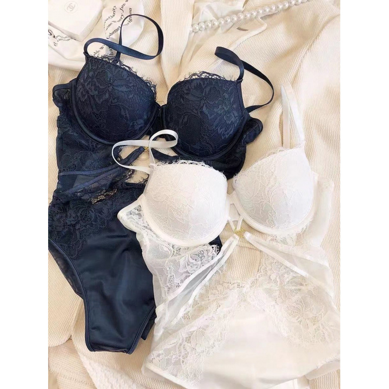 法式性感塑身连体内衣聚拢上薄下厚杯有钢圈防下垂蕾丝文胸套装