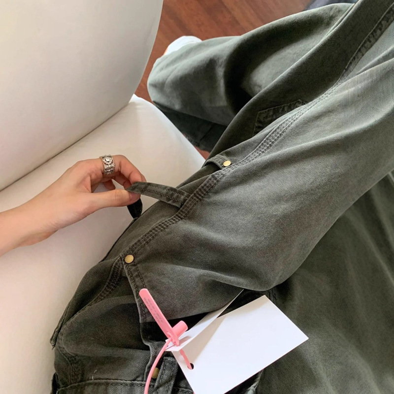 美式复古军绿色工装牛仔裤女秋季高腰显瘦设计感直筒阔腿拖地裤|undefined