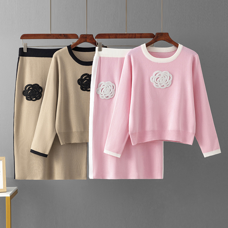Cross-border European and American Embroidered Wool Set Embroidered Top One-step Skirt Fashion Casual Loose Two-piece Sweater Cross-border European and American Embroidered Wool Set Embroidered Top One-step Skirt Fashion Casual Loose Two-piece Sweater