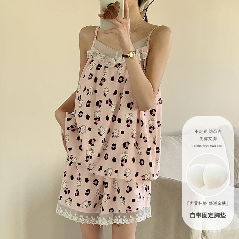 Venta al por mayor transfronteriza verano nuevo pijama mujer nube algodón encaje tirantes pantalones cortos cojín fijo para el pecho dulce servicio a domicilio