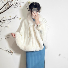 小斗篷披肩外套女秋冬短款纯色加绒加厚獭兔毛领无袖旗袍婚纱外搭
