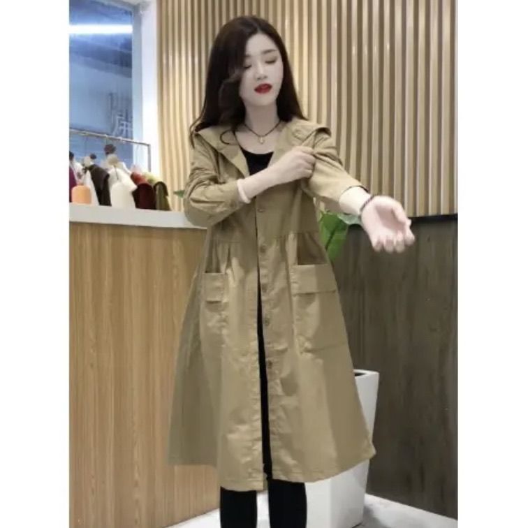秋季年轻妈妈时尚风衣外套新款连帽纯色韩版口袋中长款洋气宽松女|undefined
