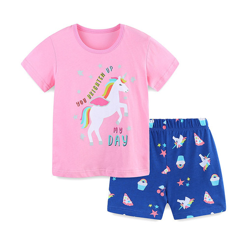 European and American Style Children's Clothing Set Short Sleeve Knit Cotton 24 Summer Girls' Set Cartoon Animal Print Children's Two-Piece Set