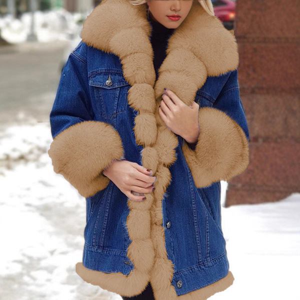 Lazada's Popular Amazon Wish's Popular Women's Fur All-In-One Denim Long-Sleeved Jacket in Large Quantities in Stock