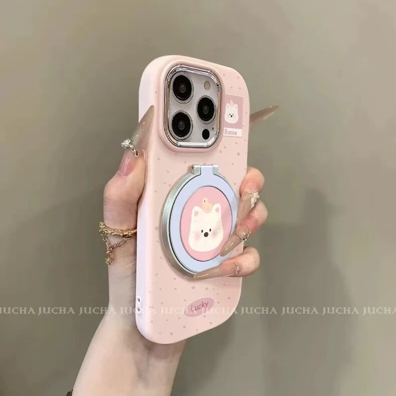 Cartoon Animal iPhone 17 Pro Max Phone Case 16 Soft Protective Cover Cute Rotating Stand Back Sticker Colorful Case