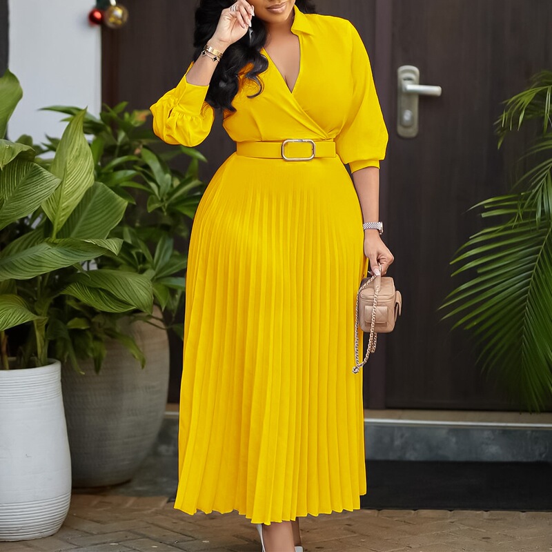 D3327 Amazon Women's Clothing 2026 Spring New Fashion V-Neck Solid Color Long-Sleeve Large Hem Pleated Foreign Trade Dress