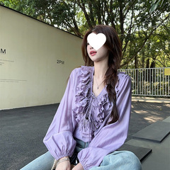 厂家直销感荷叶边v领衬衫女春季紫色长袖衬衣慵懒风宽松