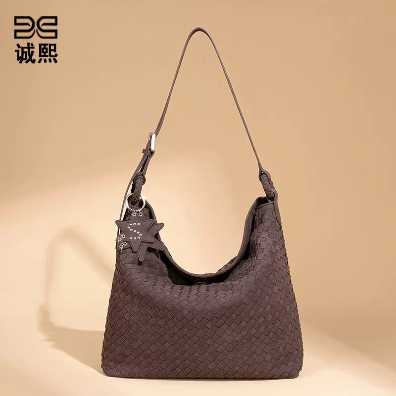 2026欧美新款手工编织女包单肩腋下斜跨包植皮绒休闲大托特手提包