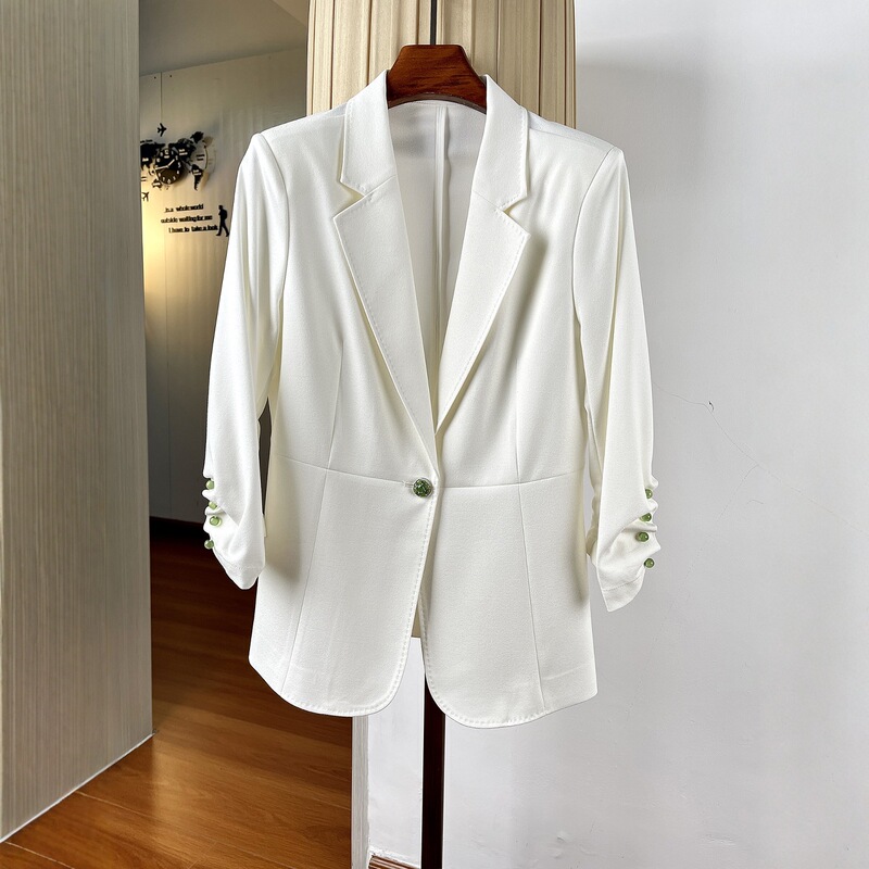 Early Autumn 2025 New Elegant Commuter Jade Button Three-Quarter Sleeve Topstitch Decorative Waist Slim Suit Jacket for Women