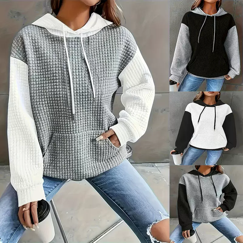 秋冬欧美时尚大码休闲色块拼接套头连帽宽松百搭卫衣爆款外套女装