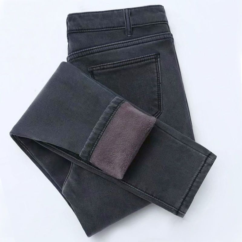 加绒加厚牛仔裤女高腰冬季2025新款韩版显瘦弹力保暖小脚铅笔长裤