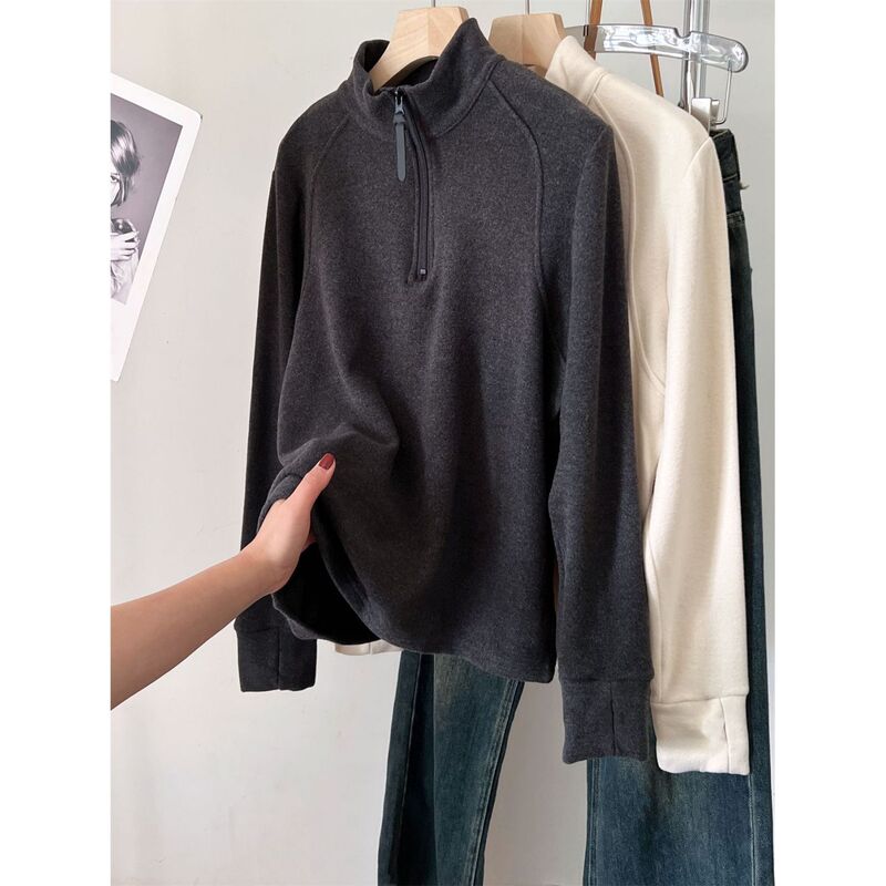 Lazy Style Vertical Collar Half-Zipper Velvet Inner T-shirt Women's Winter Loose Casual Meat-Covering Long-Sleeved Velvet Top Trendy Lazy Style Vertical Collar Half-Zipper Velvet Inner T-shirt Women's Winter Loose Casual Meat-Covering Long-Sleeved Velvet Top Trendy