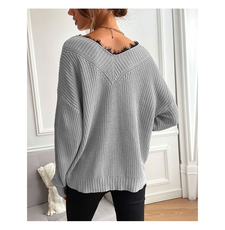 Solid Color V-Neck Lace Stitching Long-Sleeved Knitted Sweater NSYYF86421