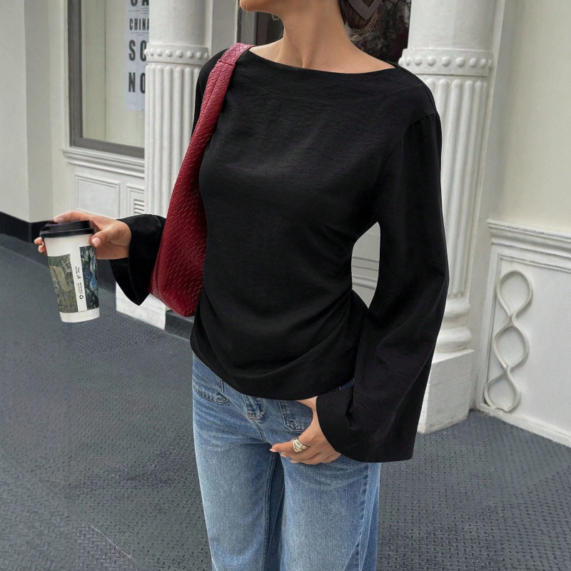 2026 European and American New Style Solid Color Fashion Casual Versatile Waist-Tie Boat Neck Personalized Flared Long-Sleeve Top T-Shirt