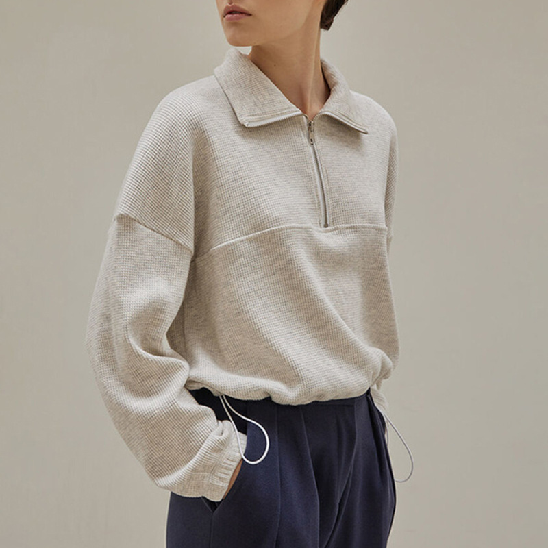 【Clearance Bargain】Waffle Knit Sweatshirt Long Sleeve Zipper Polo Collar Drawstring Waist Slimming Casual Pullover Top