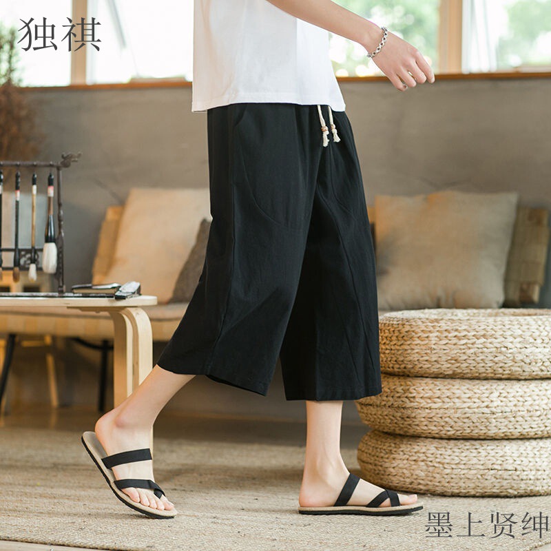 Loose plus size Cotton Linen 7 Capri Pants Trendy Chinese Style Men's Big Pants Pants Fat Man Wide Leg Linen Casual Shorts Summer