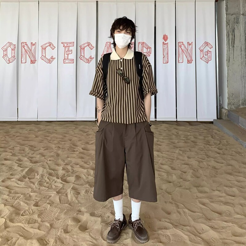 Brown Cropped Pants Trendy Street Style Loose Mid-Length Pants Summer Five-Point Horse Pants Unisex Eight-Point Casual Six-Point Shorts