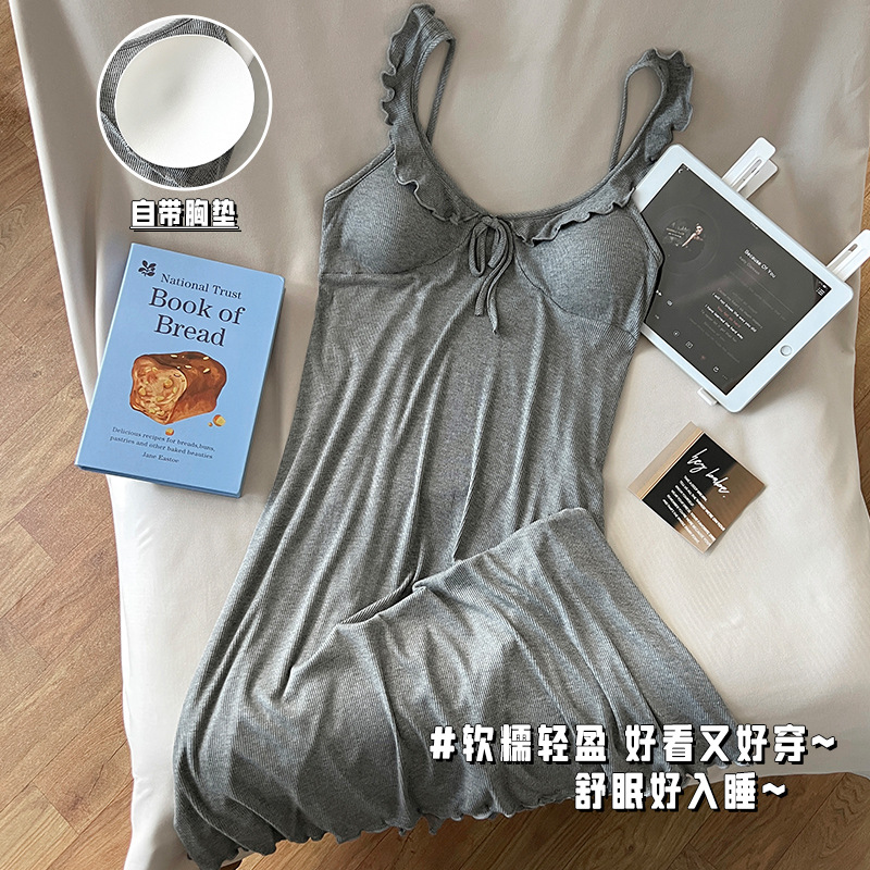 여성용 그레이 나이트가운, 여름 모달 레이스 미드기장 서스펜더 드레스, 가슴 패드가 있는 섹시한 순수한 욕망 스타일 홈웨어