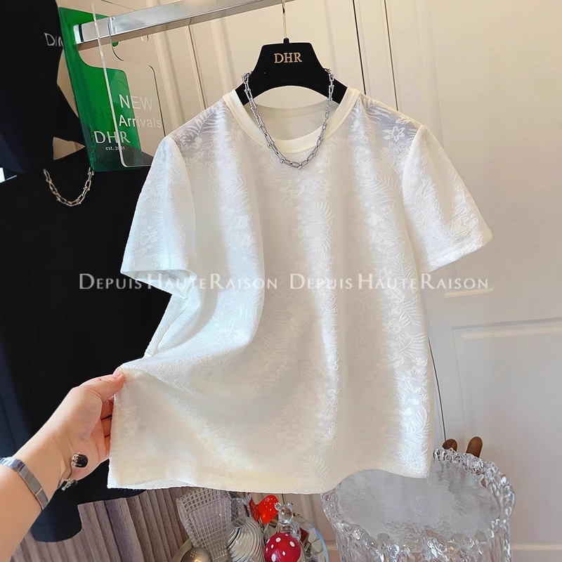 Slightly Chubby 40-150kg Super Nice Water-Soluble Floral Knit Short-Sleeve T-Shirt Base Shirt Inner Top for Women Summer New Style