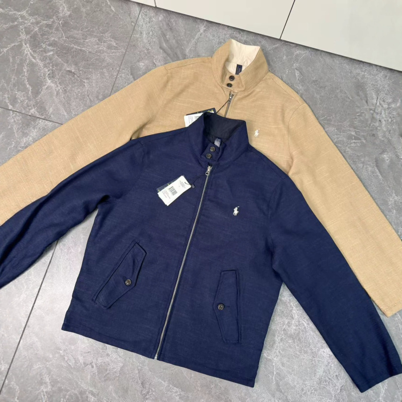 Small Logo Polo Embroidered Washed Double-Sided Linen Lapel Zipper Jacket Loose Fit for Spring and Autumn Unisex