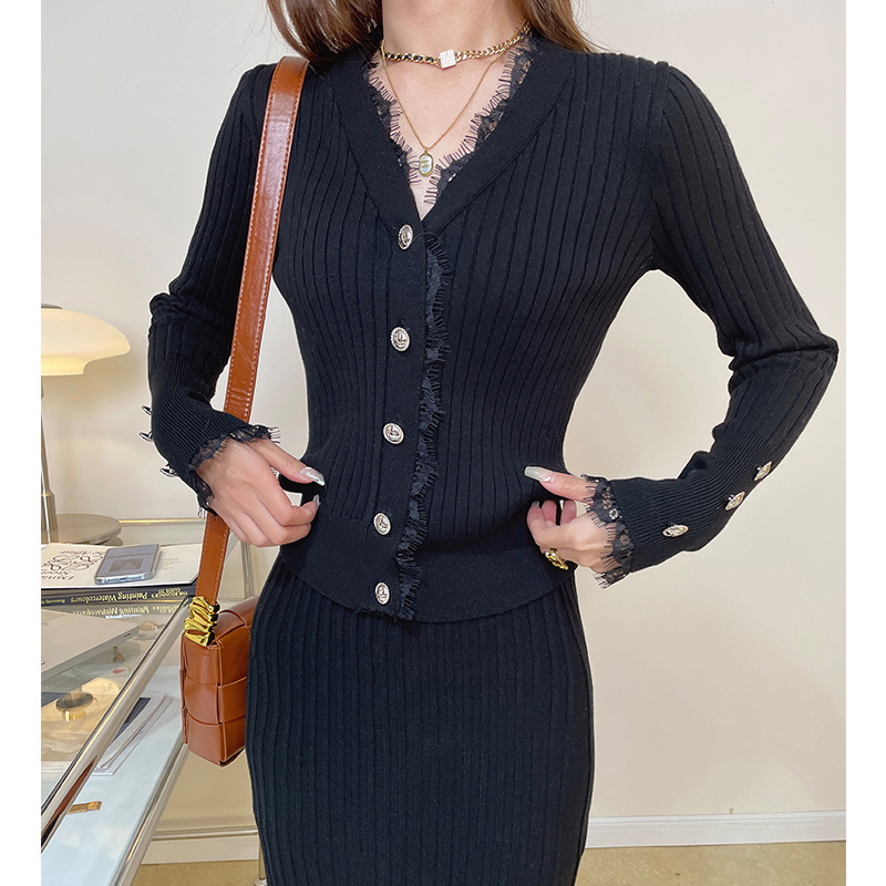 수플레_니트 수트 여성 가을 ??겨울 신작 브이넥 가디건 탑+스커트 투피스 세트