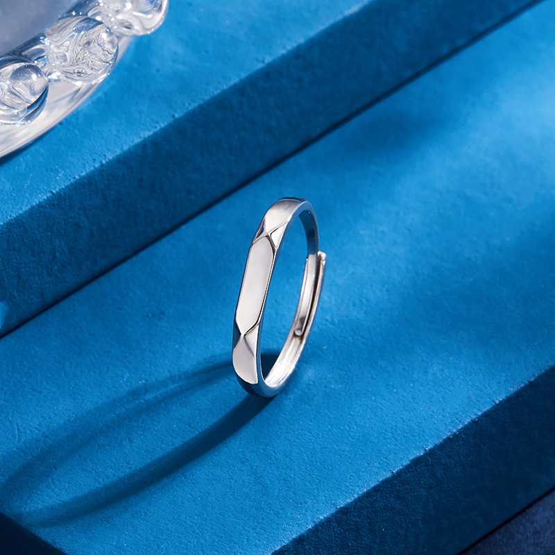 Anillo de pareja S925 par de plata esterlina par de letras de apertura geométrica de plata Lisa anillo de pareja de hombres y mujeres anillo de bodas diseño de nicho