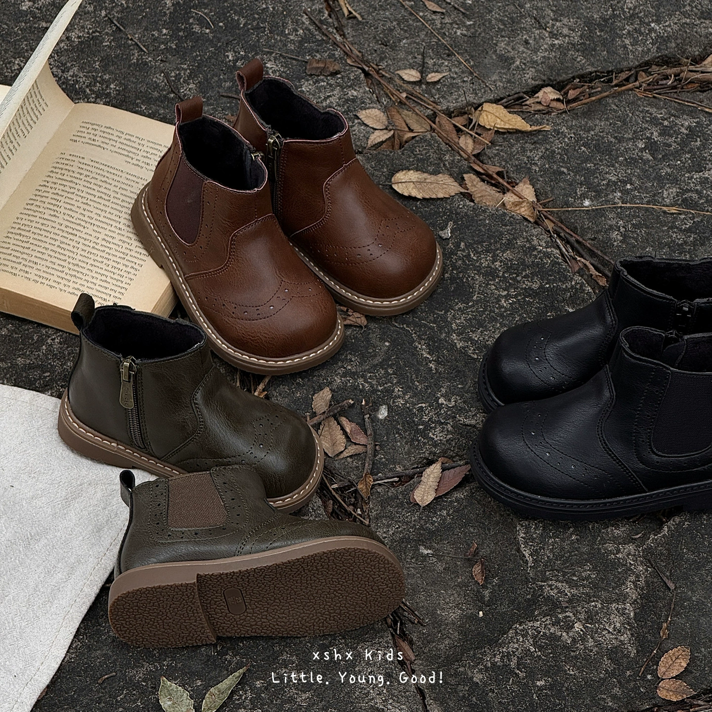 Детские кожаные ботинки XSHX "London Brogue" для мальчиков и девочек, челси-ботинки с боковой молнией [Wenzhou Shoes]
