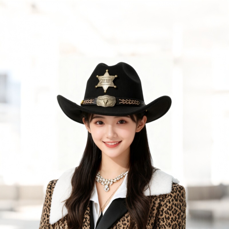 Ethnic Style New Western Cowboy Hat Fashion Retro Badge Decorative Hat Autumn and Winter Women's Travel Jazz Hat