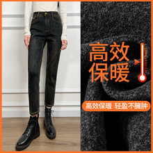 黄花瘦2025冬季复古水泥灰加绒保暖直筒裤高腰高弹显腿牛仔裤女