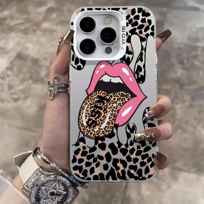 El estampado de leopardo con lengua es adecuado para la carcasa del teléfono móvil Apple 16Promax, la carcasa de gas de la personalidad iPhone15/14/13 texto 12