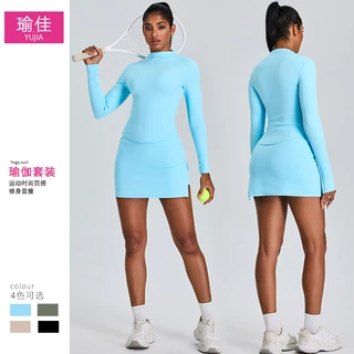 跨境新款修身长袖瑜伽服套装女高腰运动短裙A字包臀裙健身短裤