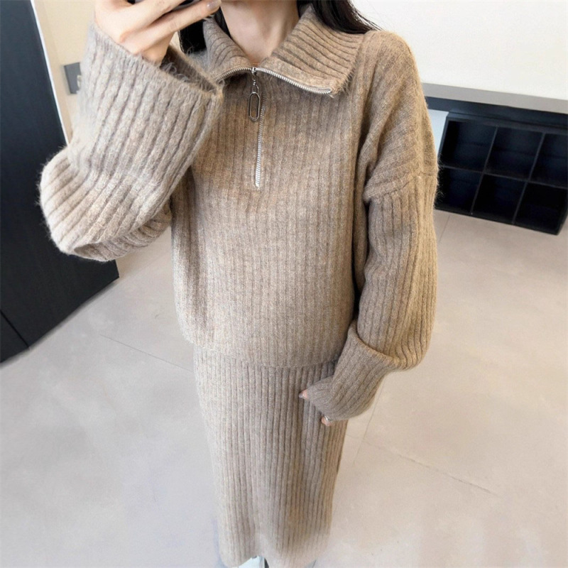 慵懒风半拉链翻领毛衣套装女秋冬季韩版宽松休闲针织半身裙两件套|undefined