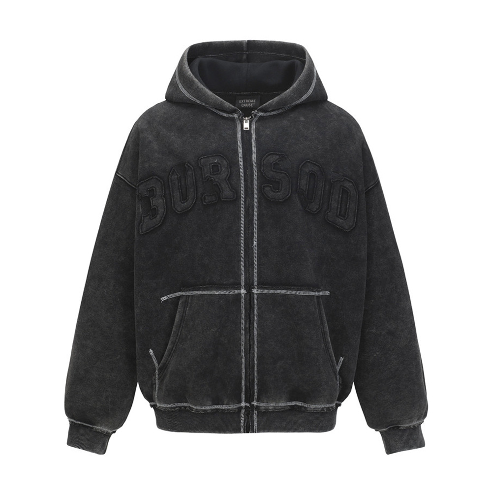 Trendy Punk Vintage Washed Hoodie für Herren Frühling und Herbst, genähtes Design mit ausgefransten Kanten, lockere Passform, Sportjacke_voghion.com