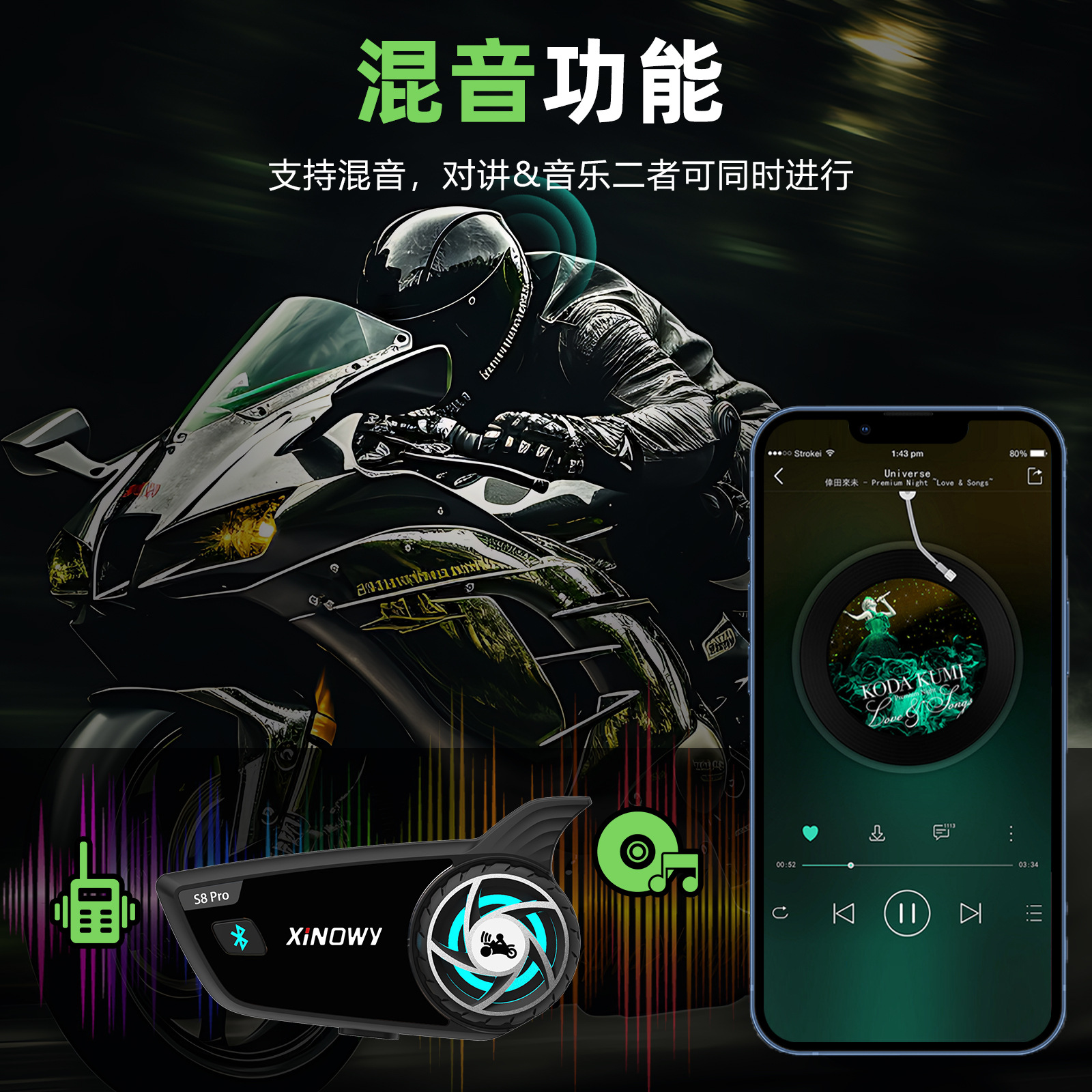 Xinowys8Pro Motorcycle Helmet Bluetooth Headset Helmet Intercom Bluetooth Headset for 8+ People 1000m Waterproof