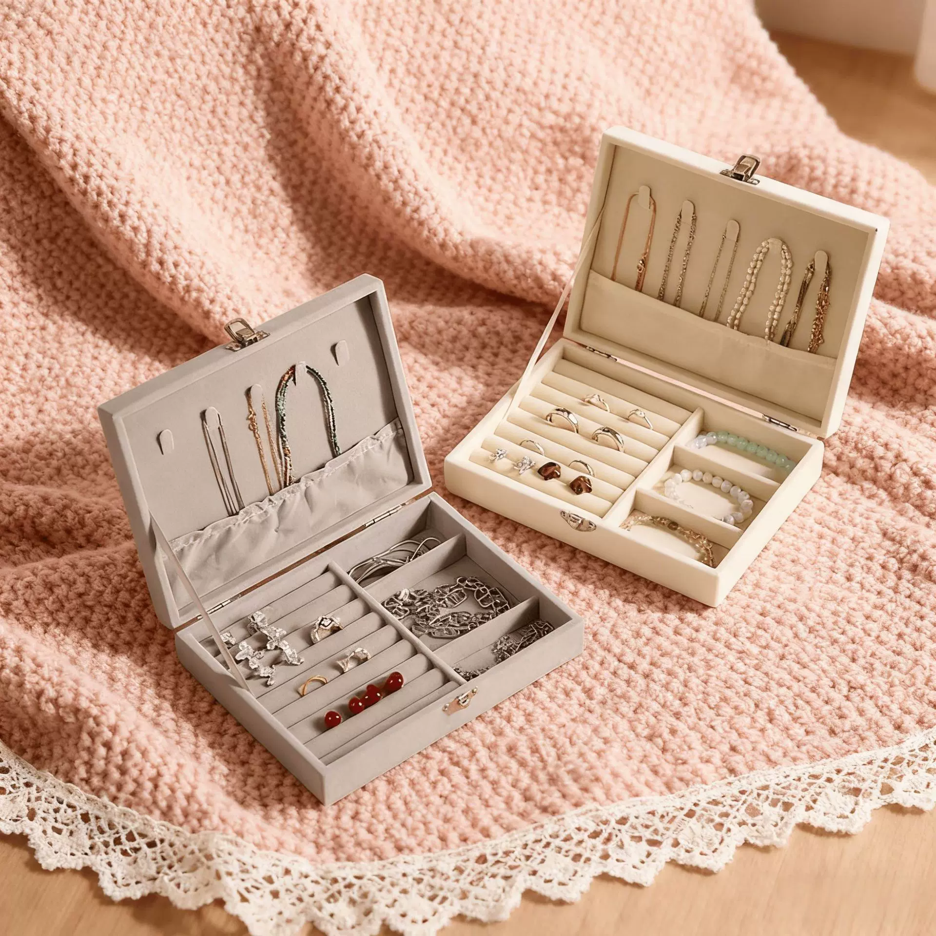 绒布首饰收纳盒大容量高档小精致饰品耳饰盒耳钉收纳带盖