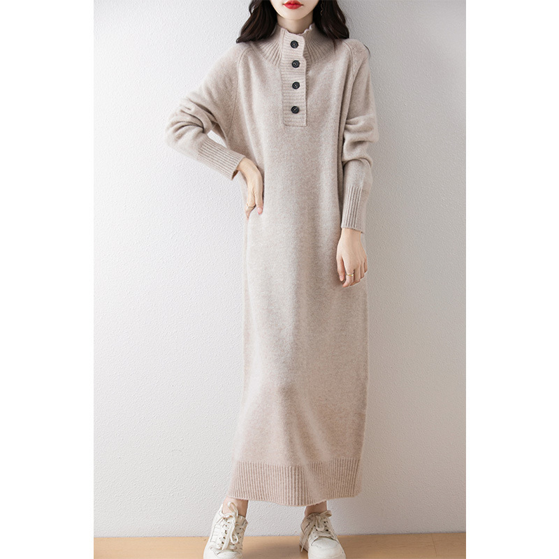 Wool stand collar button long dress 2024 autumn and winter new women's loose slimming double thick pullover sweater Wool stand collar button long dress 2024 autumn and winter new women's loose slimming double thick pullover sweater