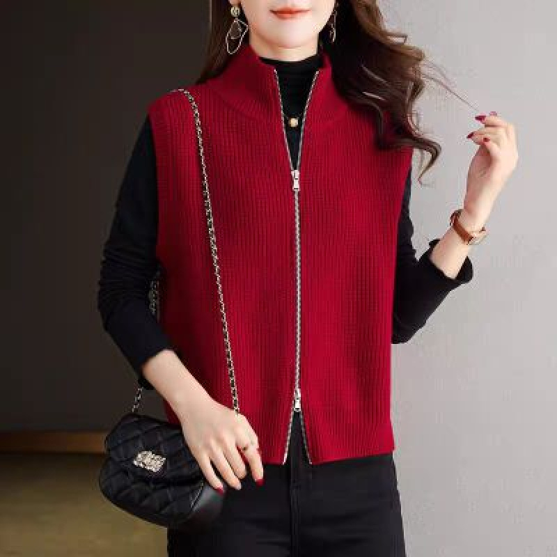 Collar vertical chaleco de punto de mujer otoño invierno 2025 nuevo chaleco de doble cremallera con la solapa suéter cardigan chaqueta de moda