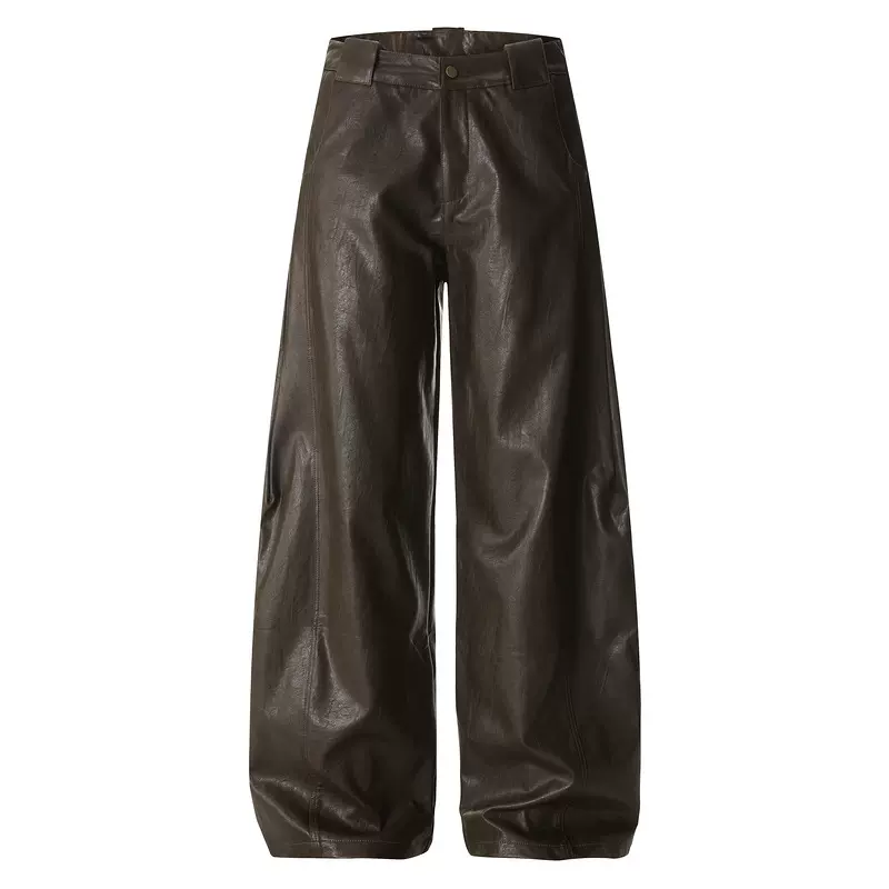褶皱阔腿机车PU工装皮裤男款秋季美式宽松直筒高智垂堕感微喇长裤