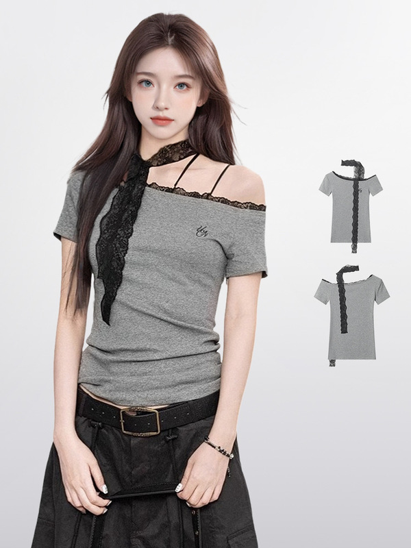グレーのオフショルダー半袖Tシャツ女性用2025年夏ハイエンドホットガールスリムウエストワンショルダーレーストップ|undefined
