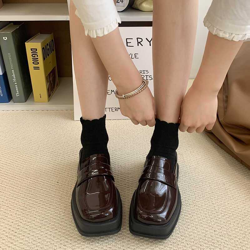 Square-Toe Thick-Soled British-Style Small Leather Shoes, Half-Slip Women's Shoes, 2025 Spring and Summer New Korean-Style Mule Shoes, Closed-Toe Loafers