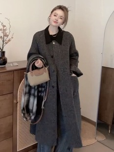 Double-Sided Cashmere Outwear for Women with Contrasting Collar and Elegant Casual Loose Fashionable Wool Mid-Length Woolen Outwear