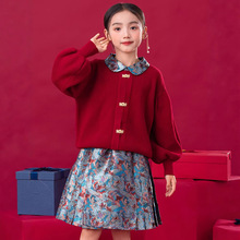 批发拜年红色衣服女童冬季新年针织线衫新中式国风毛衣马面裙套装
